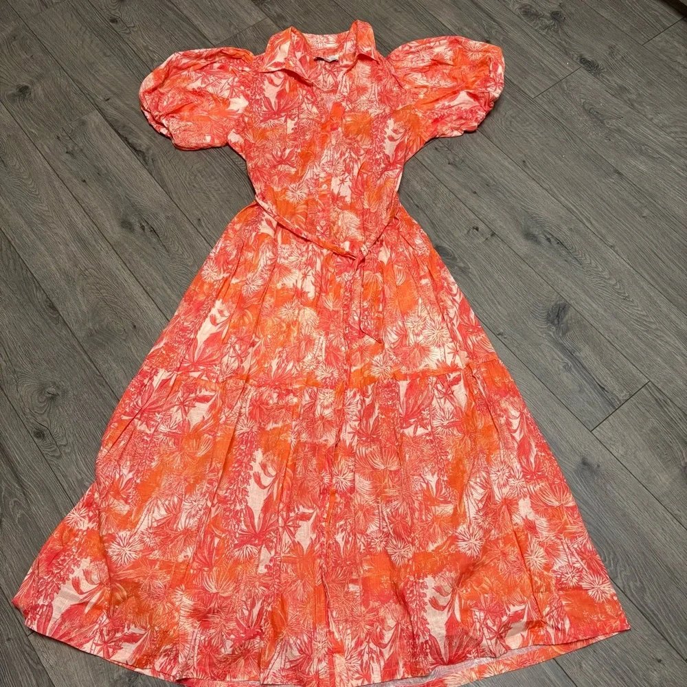 Orange Hawaiian puff sleeve maxi dress belted - Picture 2 of 4